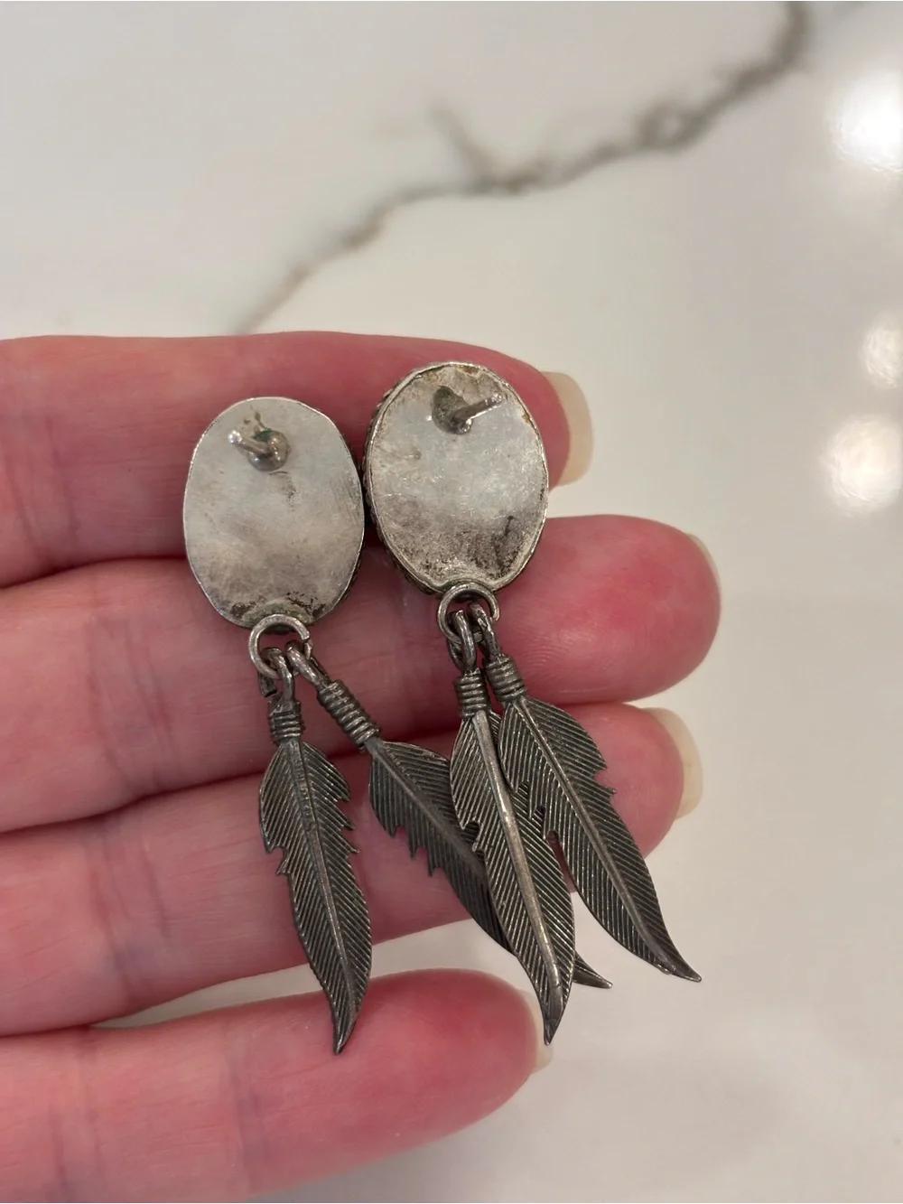 Multicolor Navajo Inlay Feather Drop Earrings - Picture 2 of 2